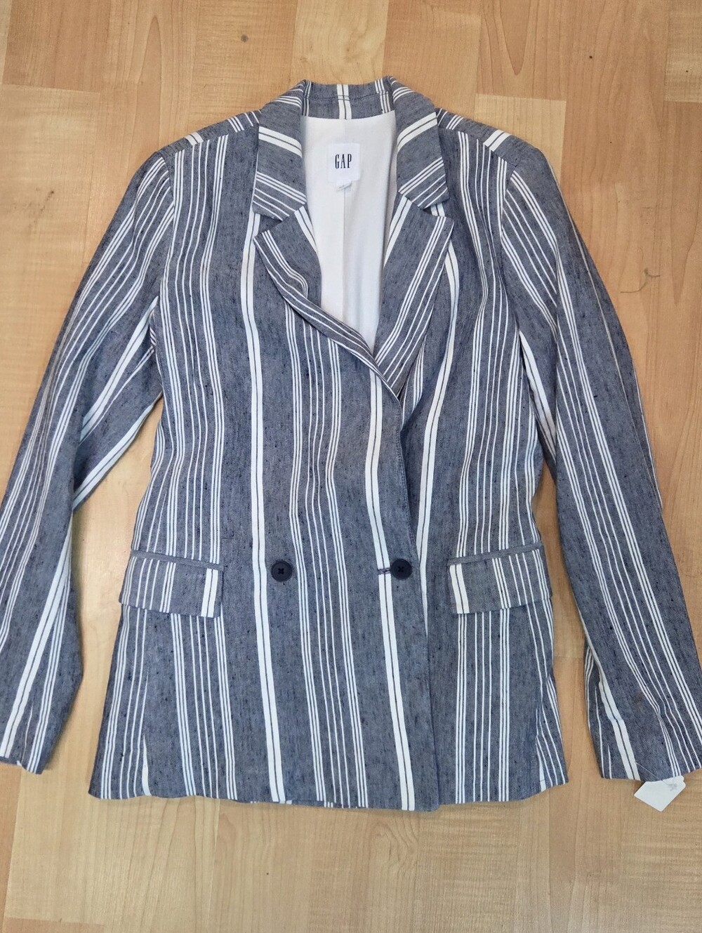 Gap Blue & White Vertical Striped Linen Blend Double Breasted Blazer Size 4